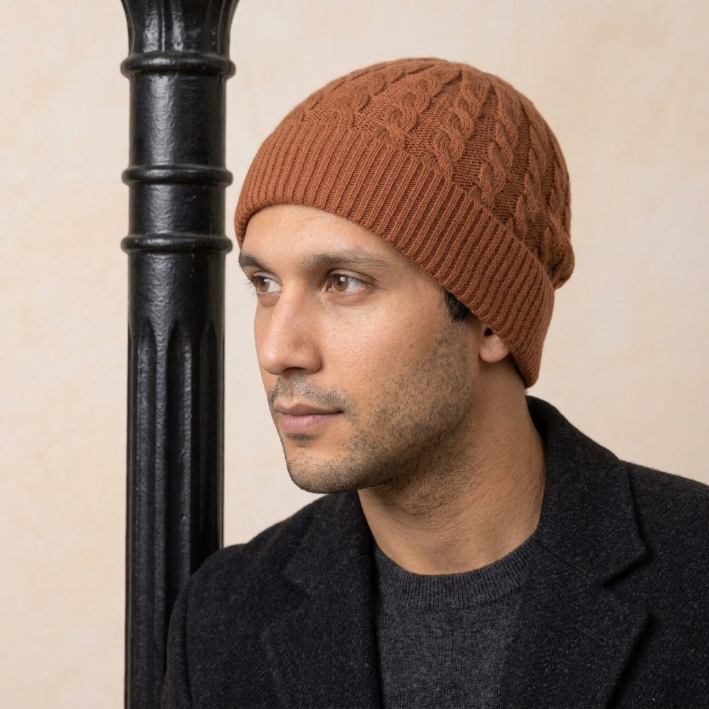 HAB04 Men's Cashmere Beanie - Heritage Cable Knit Amber 7