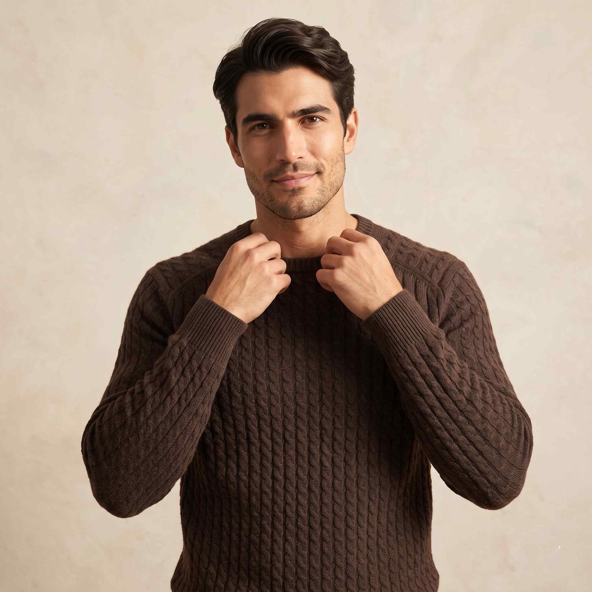 Men's cable-knit cashmere sweater, Atlas in Brown - view 3