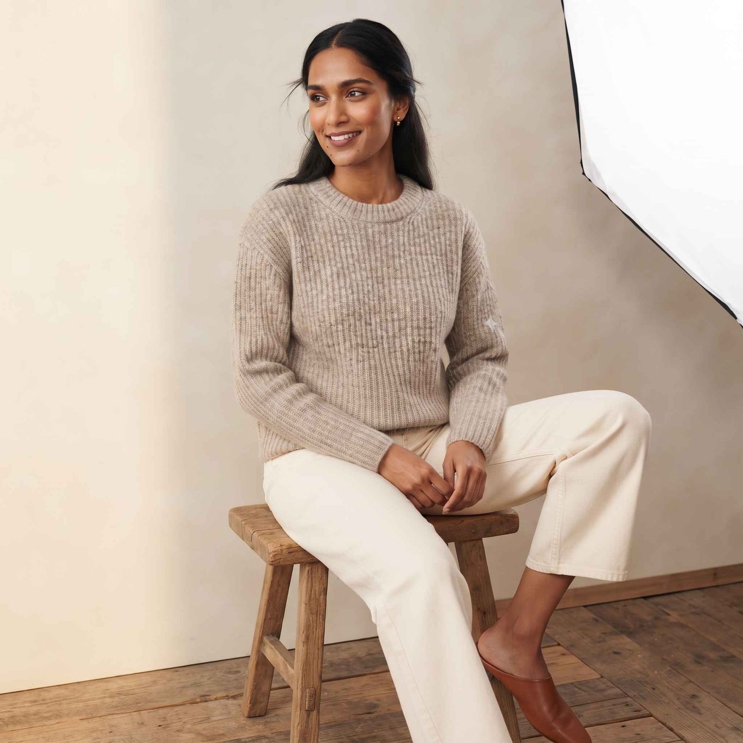 Women's Cashmere Sweater - Ella Ribbed in Oatmeal Melange - view 6