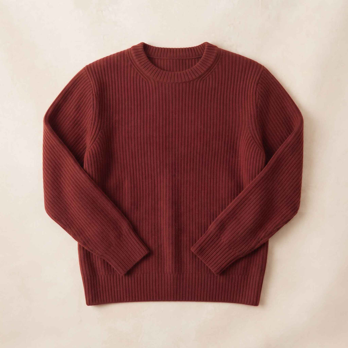 Women's heavyweight ribbed cashmere crewneck sweater in Red Wine — view 6