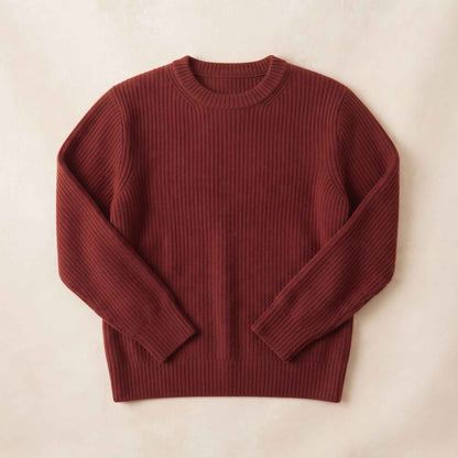 Women's heavyweight ribbed cashmere crewneck sweater in Red Wine — view 6
