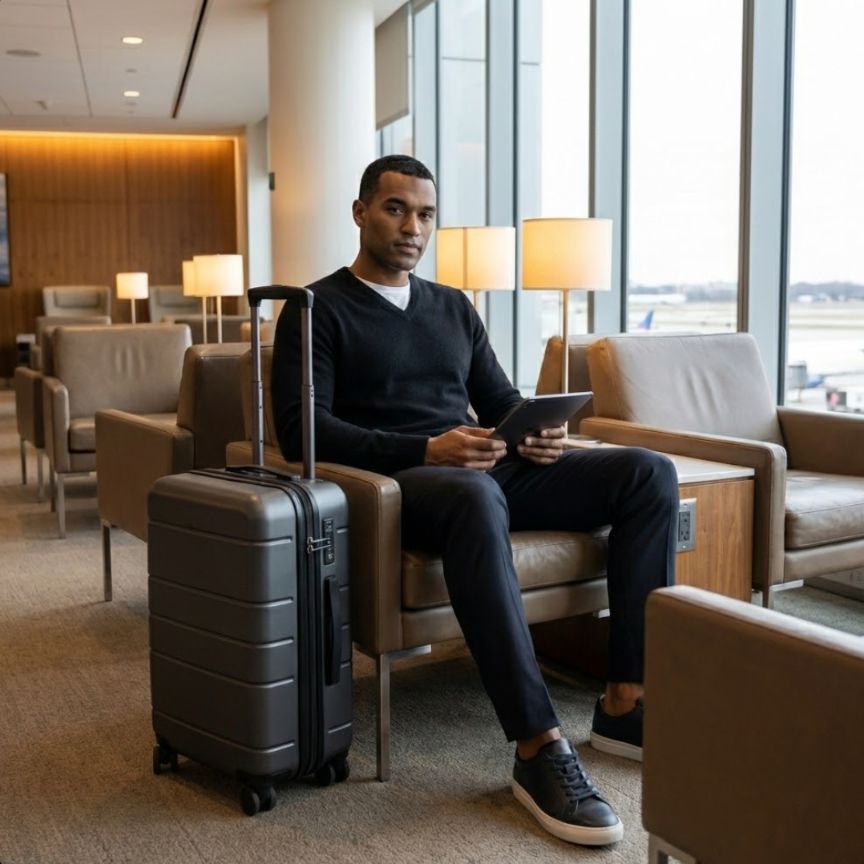 Man sitting in a lounge with a suitcase and tablet, looking at the camera.