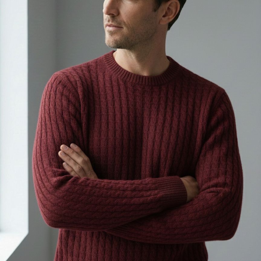Wine Red Atlas Cable Hand-Knitted Pure Himalayan Cashmere Sweater 