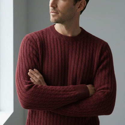 Wine Red Atlas Cable Hand-Knitted Pure Himalayan Cashmere Sweater 