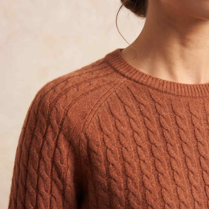 Women's cable-knit cashmere crewneck sweater, Grace in Amber - view 3