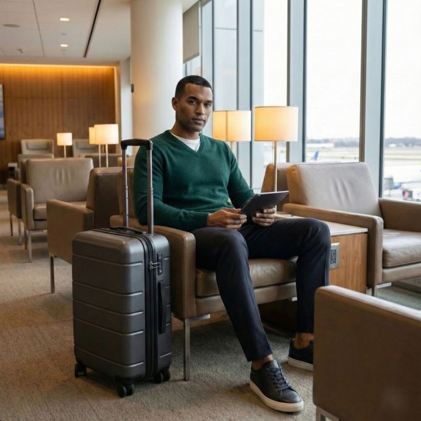 Man sitting in a lounge with a suitcase and tablet, looking at the camera.