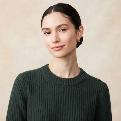 Women's heavyweight ribbed cashmere crewneck sweater in Pine — view 6