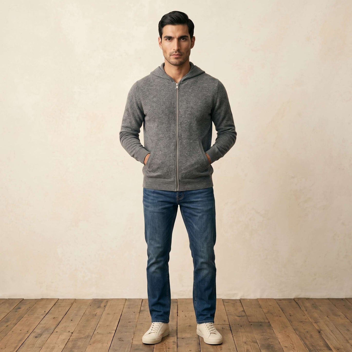 Original Kora Zip Undyed Himalayan Cashmere Hoodie For Men in Mid Grey Melange — Himalayan cashmere, view 1