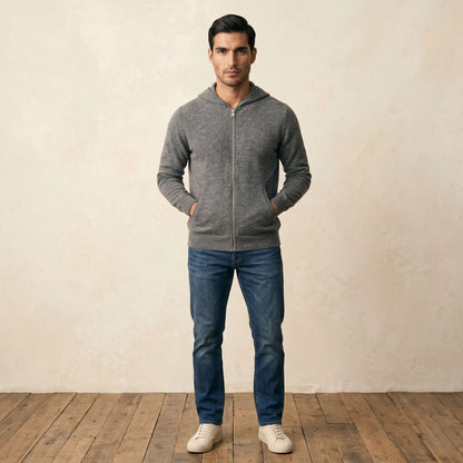 Original Kora Zip Undyed Himalayan Cashmere Hoodie For Men in Mid Grey Melange — Himalayan cashmere, view 1