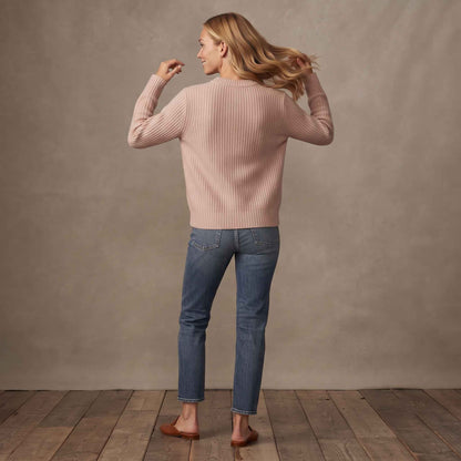 Women's heavyweight ribbed cashmere crewneck sweater in Blush Pink — view 6