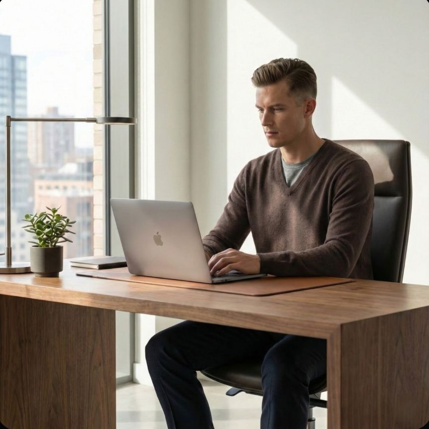 Man using a laptop at a desk in a modern office setting