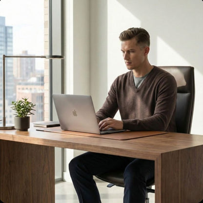 Man using a laptop at a desk in a modern office setting