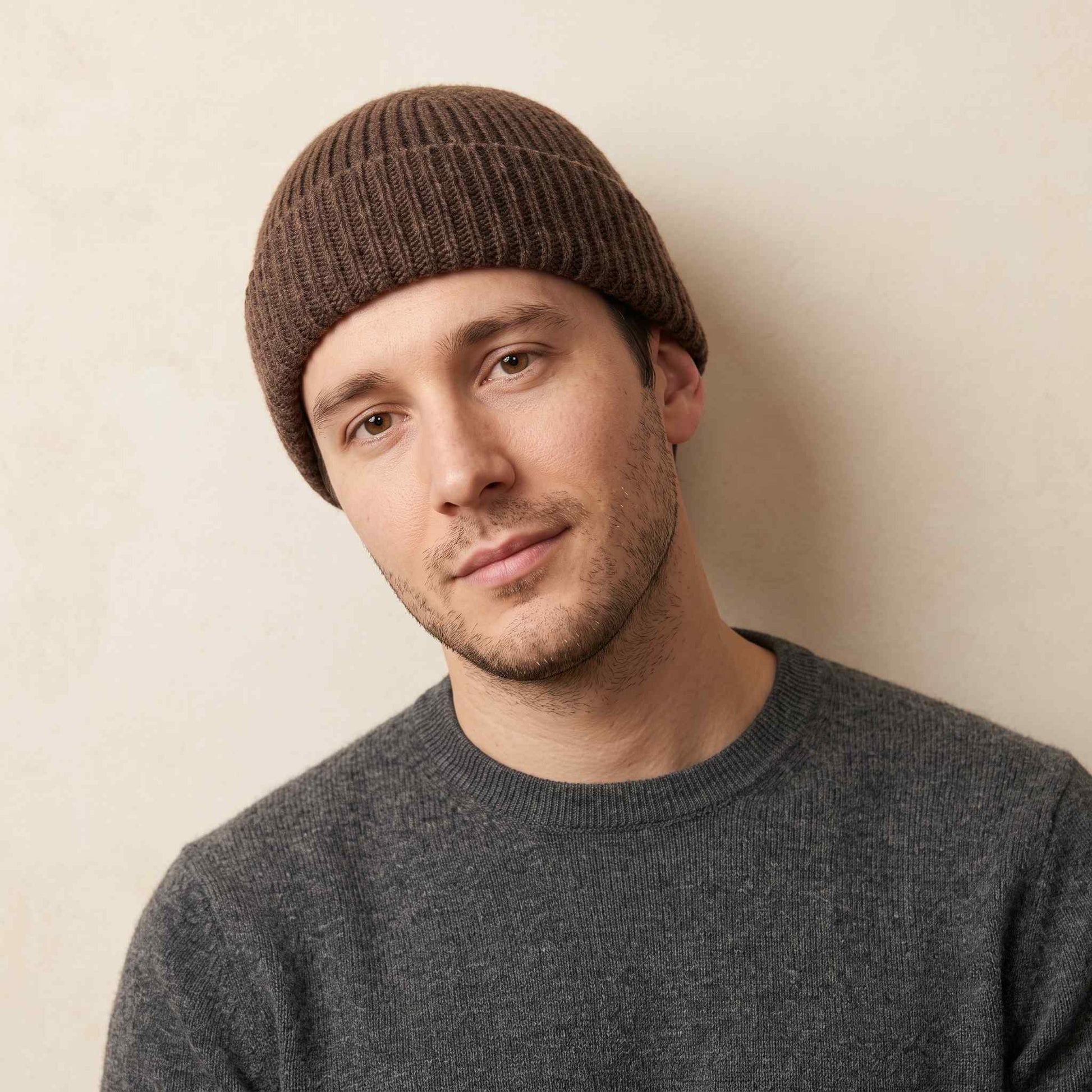 Men's hand-knit ribbed cashmere beanie, Noma in Brown - view 5