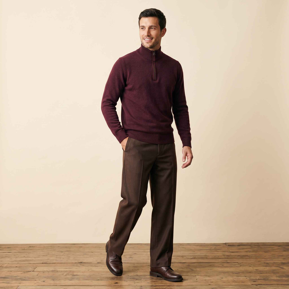 Men's cashmere half-zip sweater, Embrace in Wine Red - view 4
