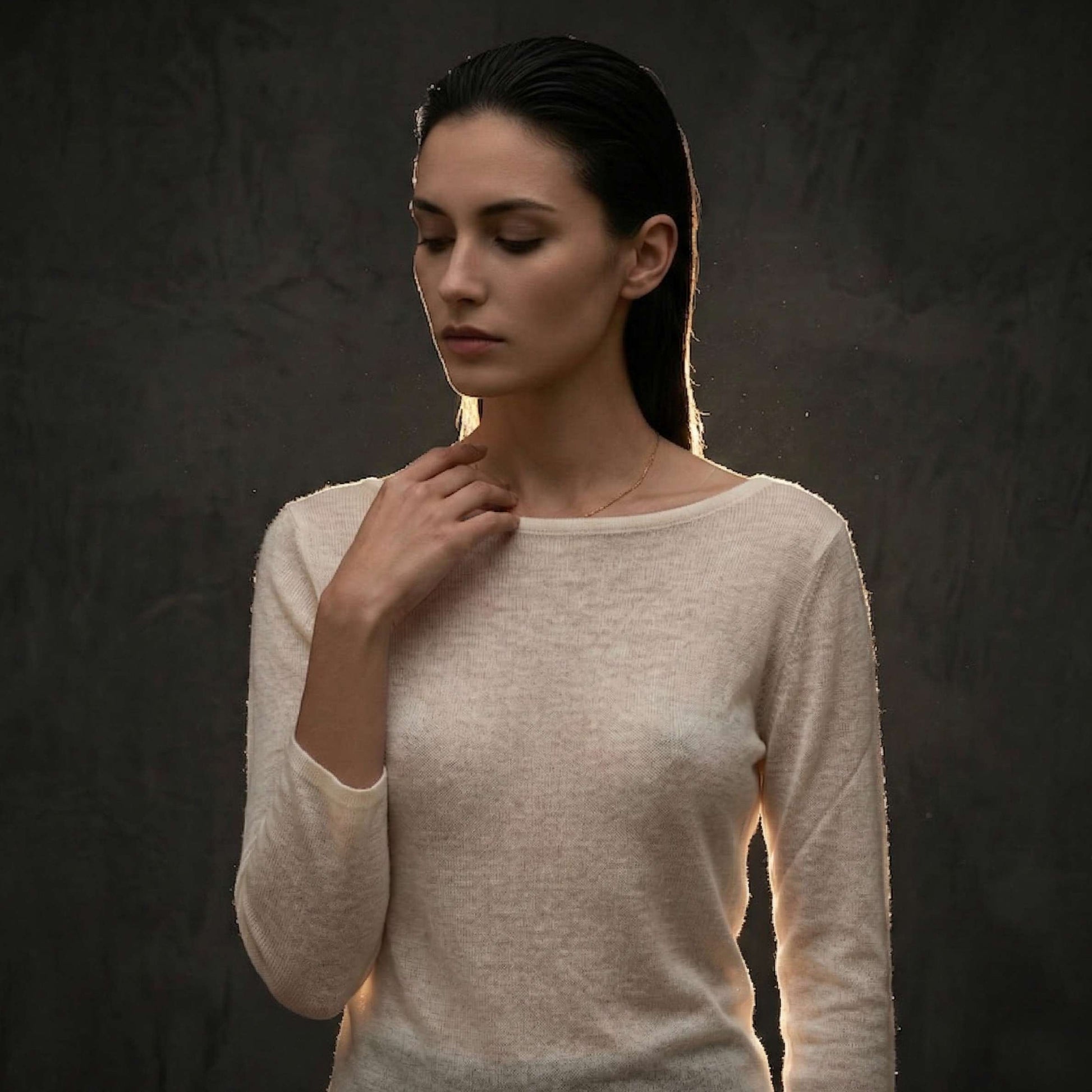 Pure Cashmere Gossamer Boatneck Top With 3/4 Sleeve For Women