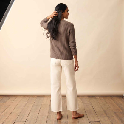 Women's heavyweight ribbed cashmere crewneck sweater in Brown — view 6