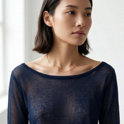 Pure Cashmere Gossamer Boatneck Top With 3/4 Sleeve For Women