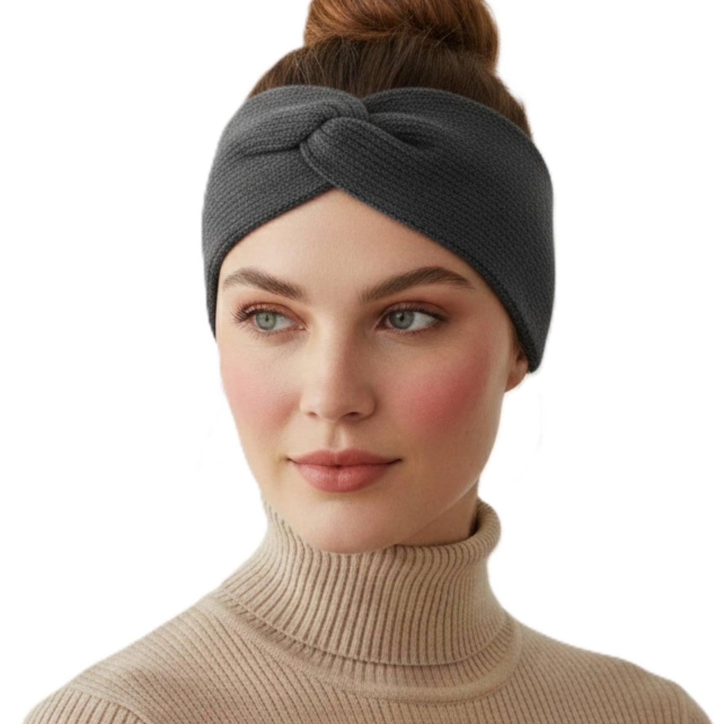 The Gomba Band | Twisted Front 100% Pure Cashmere Headband | 2-Ply 16 Micron Hand-Knit Ear Warmer Gray