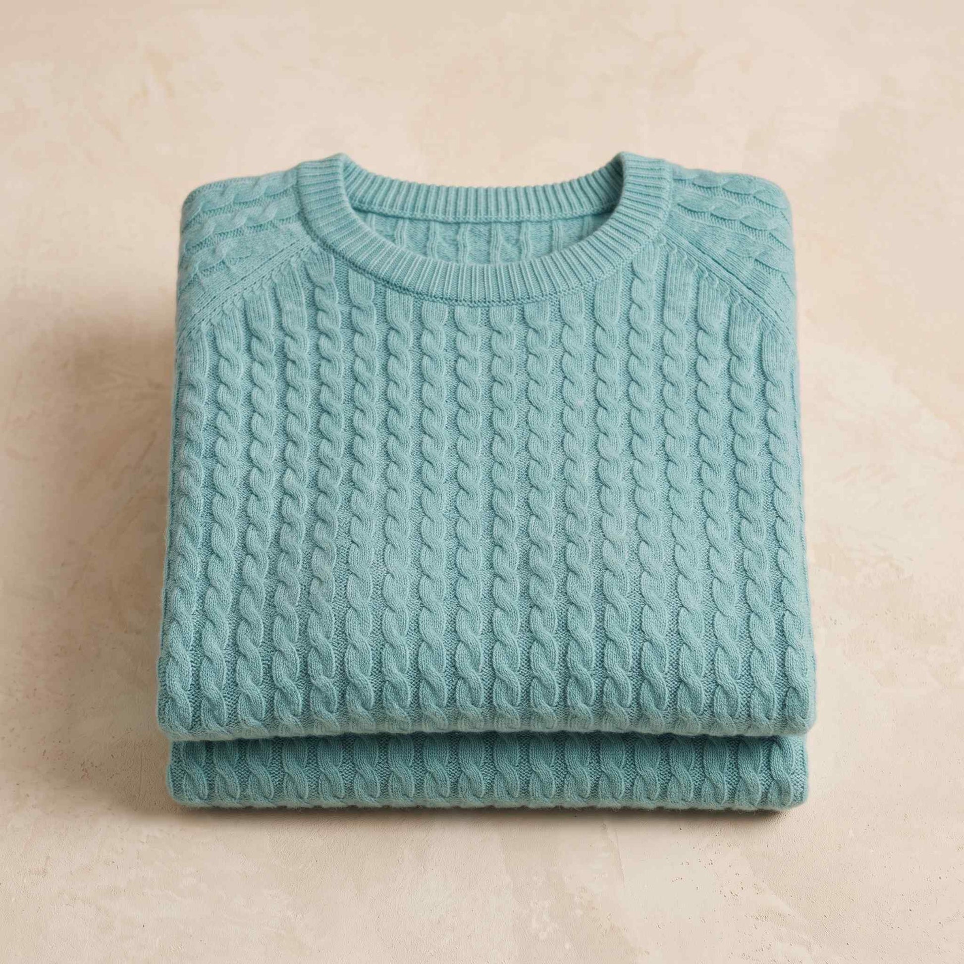Women's cable-knit cashmere crewneck sweater, Grace in Aqua-Blue - view 6