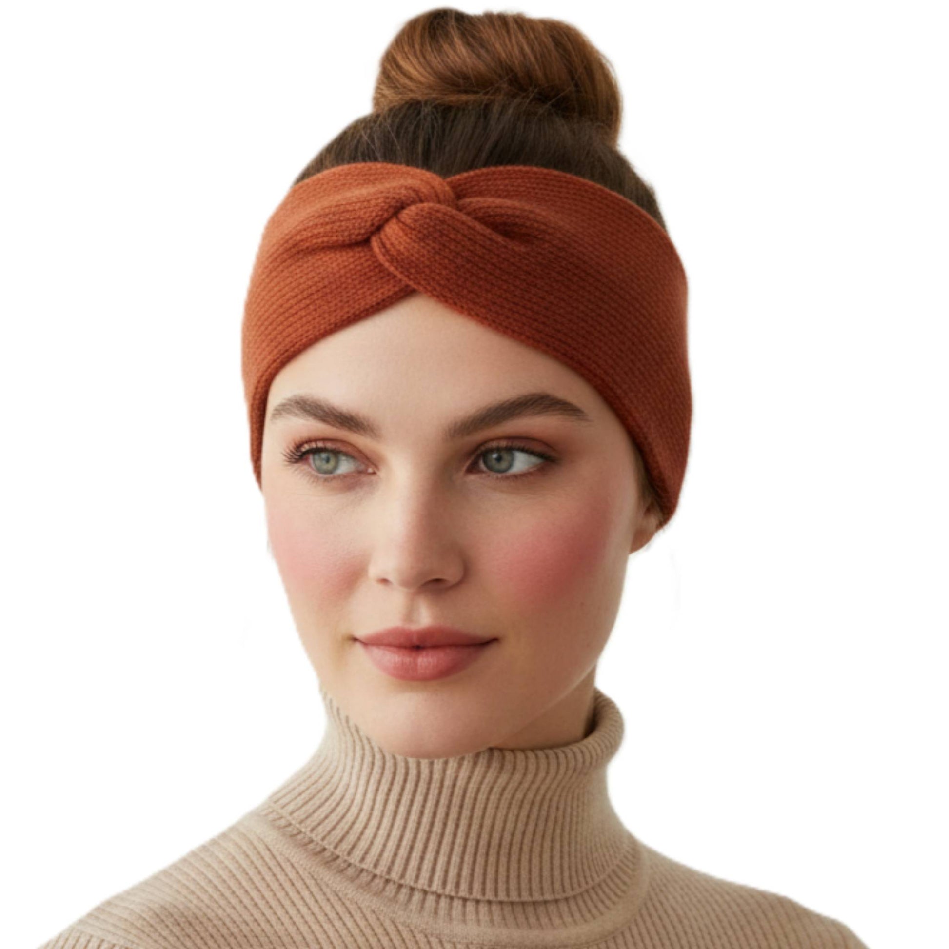The Gomba Band | Twisted Front 100% Pure Cashmere Headband | 2-Ply 16 Micron Hand-Knit Ear Warmer Amber