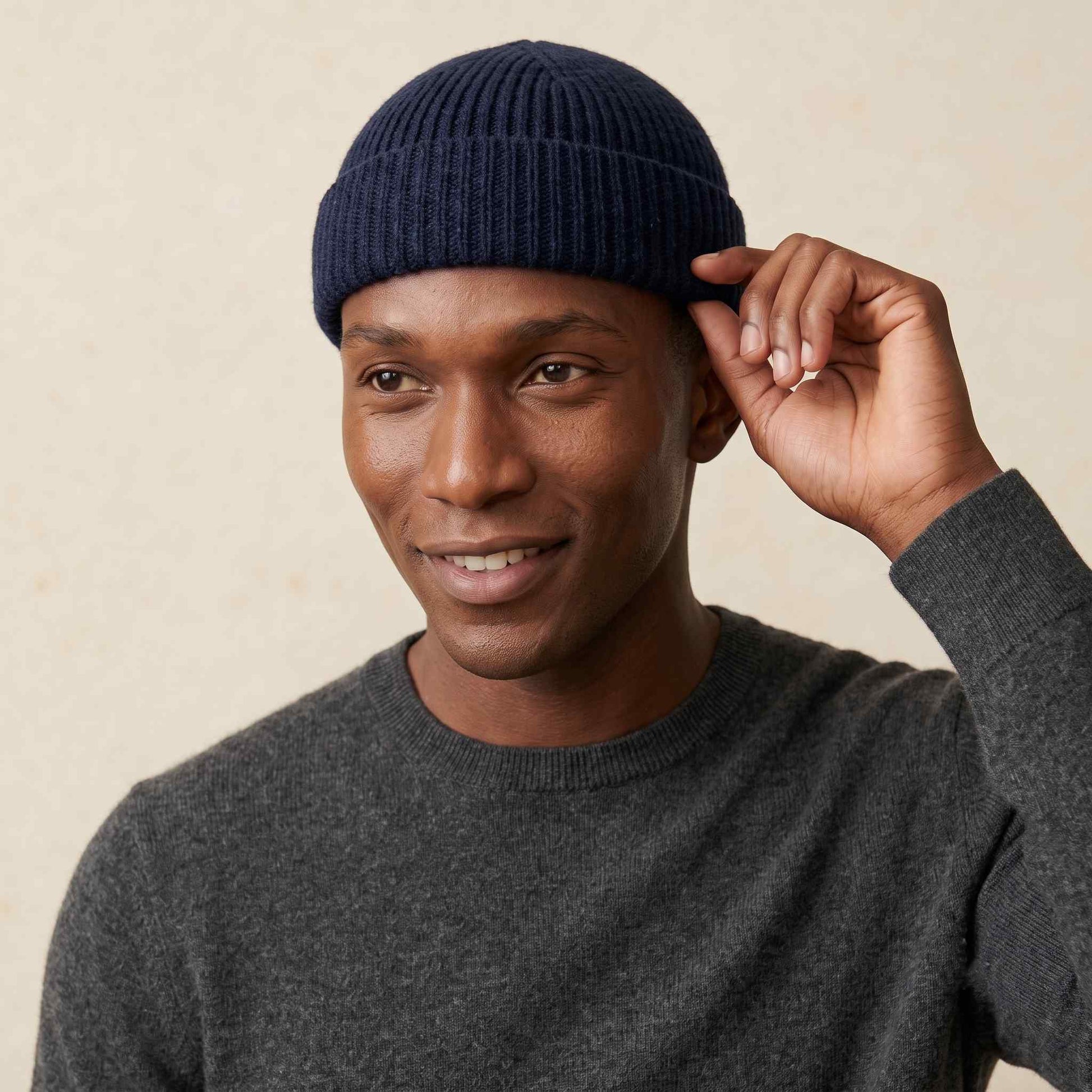 Men's hand-knit ribbed cashmere beanie, Noma in Dark Navy - view 6