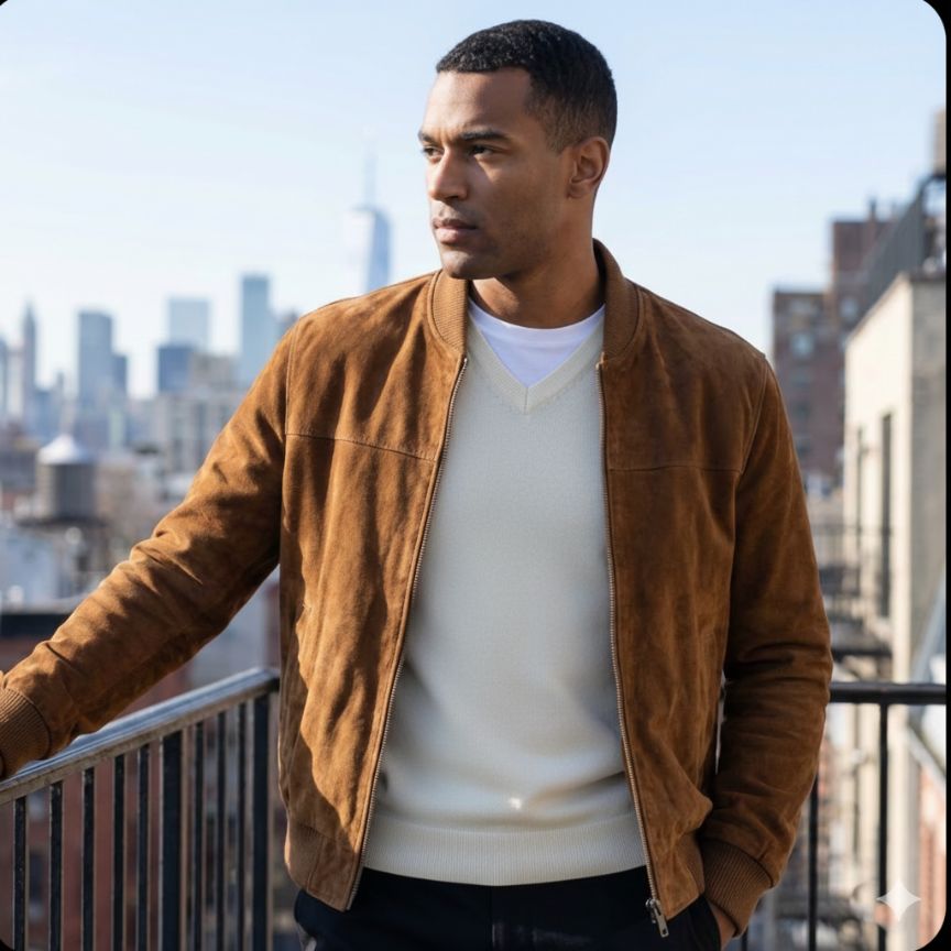 Man wearing a brown jacket and white shirt on a rooftop with city skyline in the background