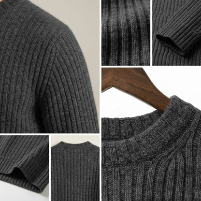 Collage of a gray sweater with close-up details on a neutral background