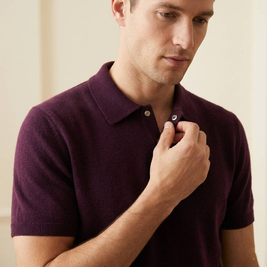 Reddish-purple Pure Cashmere Polo T-Shirt Men | Short Sleeve Knit Polo | Snap Button | Handcrafted in Nepal