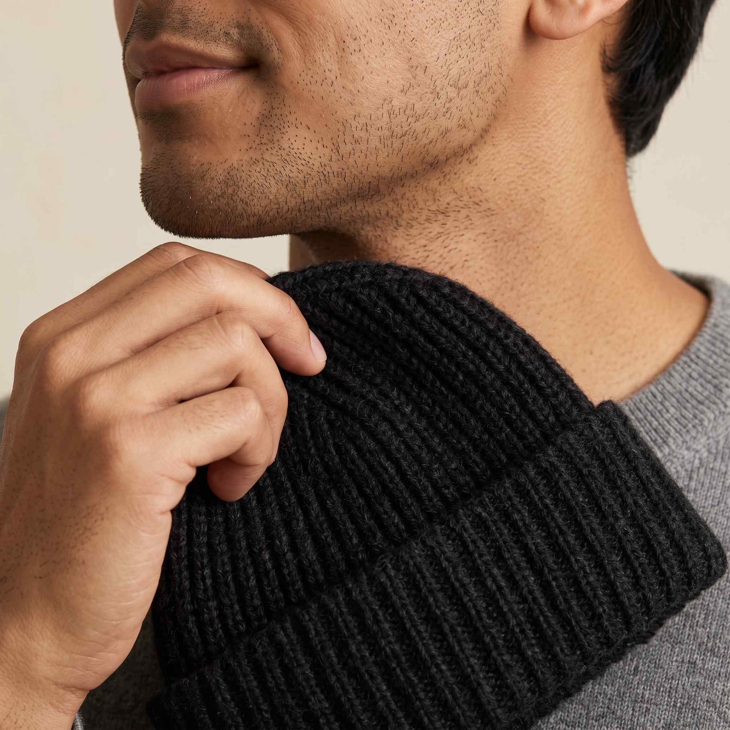Men's hand-knit ribbed cashmere beanie, Noma in Deep Onyx - view 6