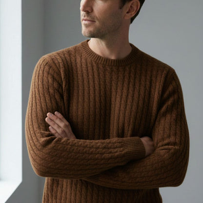 Brown Atlas Cable Sweater | Hand-Knitted Pure Himalayan Cashmere 