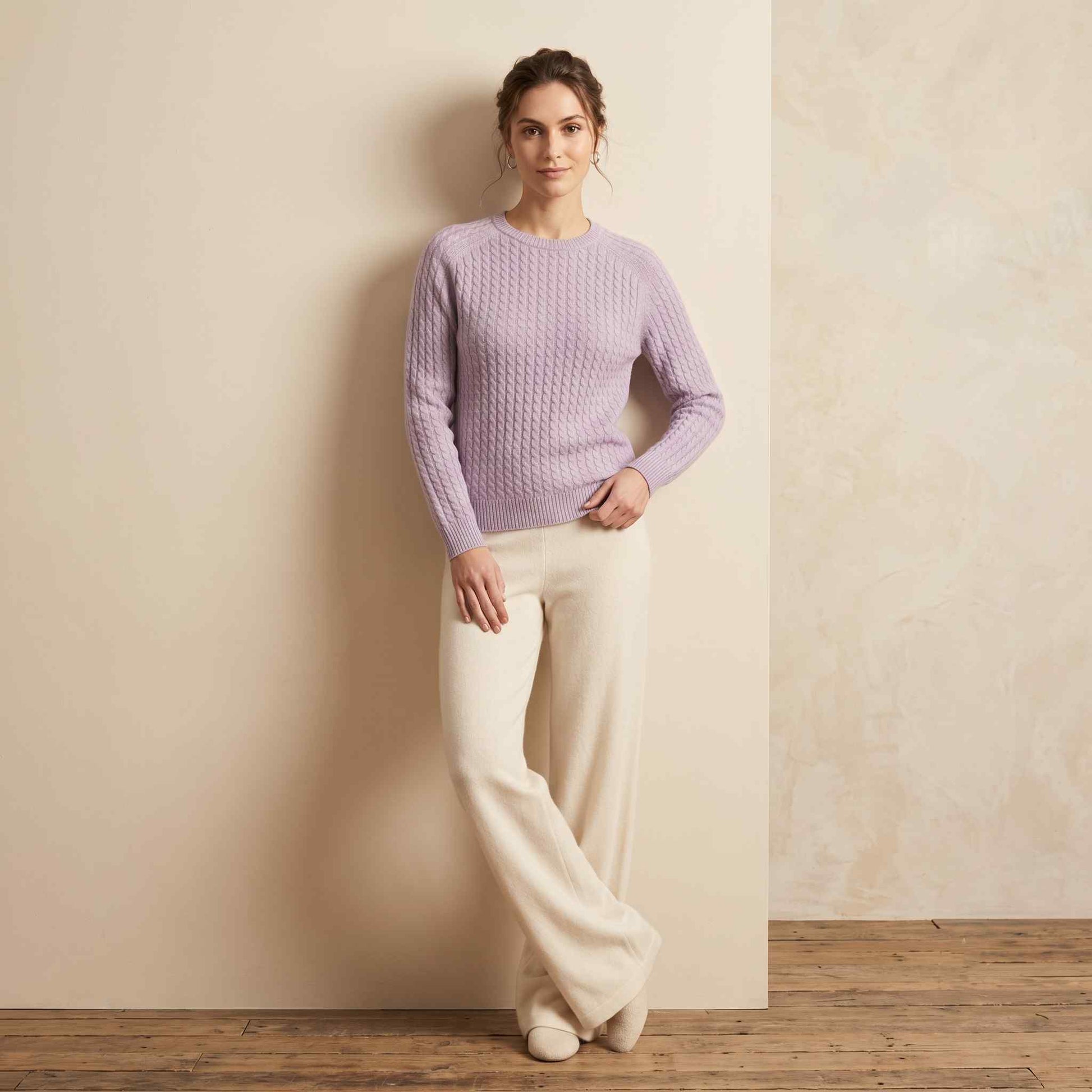 Women's cable-knit cashmere crewneck sweater, Grace in Lilac - view 4