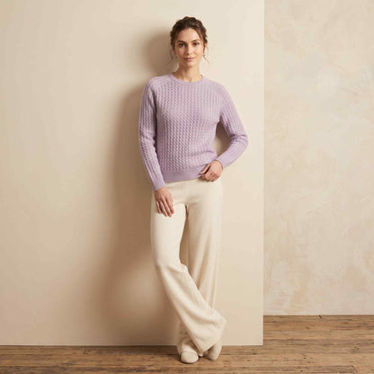 Women's cable-knit cashmere crewneck sweater, Grace in Lilac - view 4