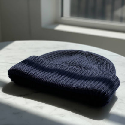 The Noma | 100% Pure Himalayan Cashmere Hand-Knit Beanie | 3-Ply Luxury Ribbed Hat Dark Navy