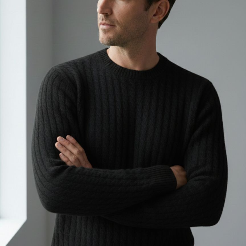 Black Atlas Cable Sweater | Hand-Knitted Pure Himalayan Cashmere