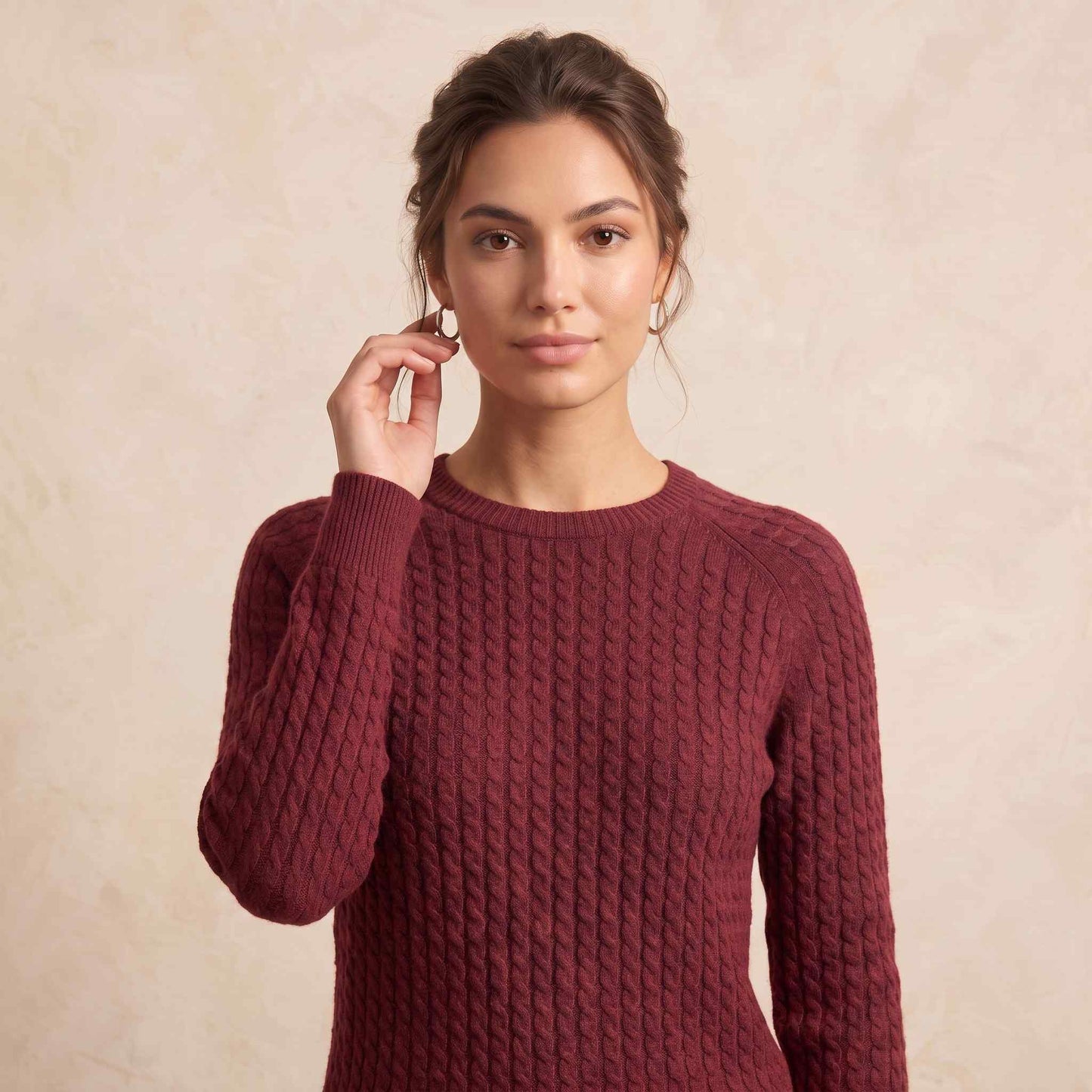 Women's cable-knit cashmere crewneck sweater, Grace in Red Wine - view 1