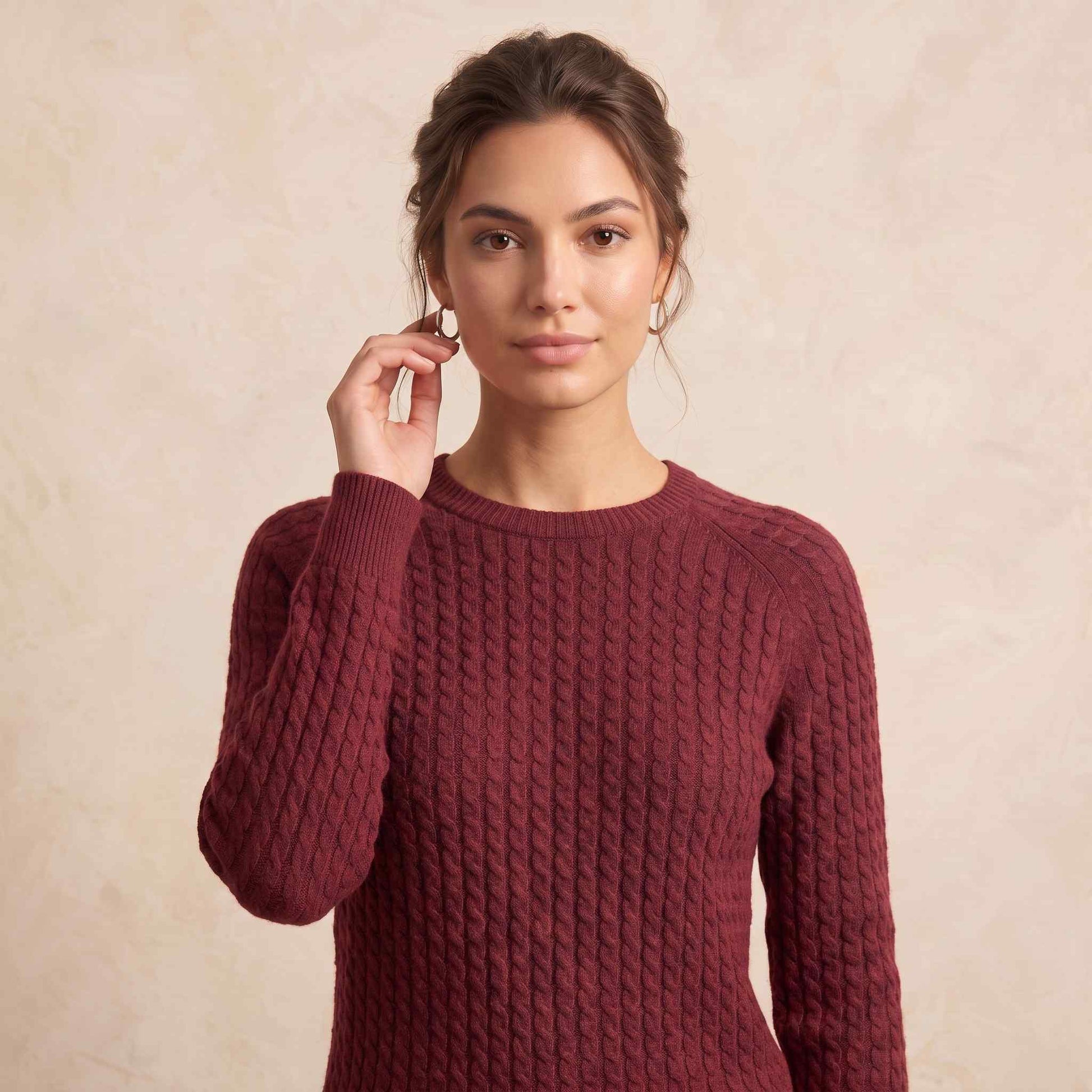 Women's cable-knit cashmere crewneck sweater, Grace in Red Wine - view 1