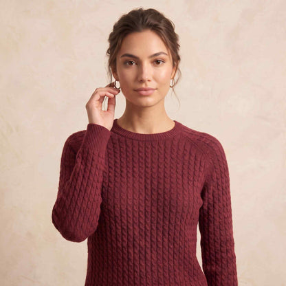 Women's cable-knit cashmere crewneck sweater, Grace in Red Wine - view 1