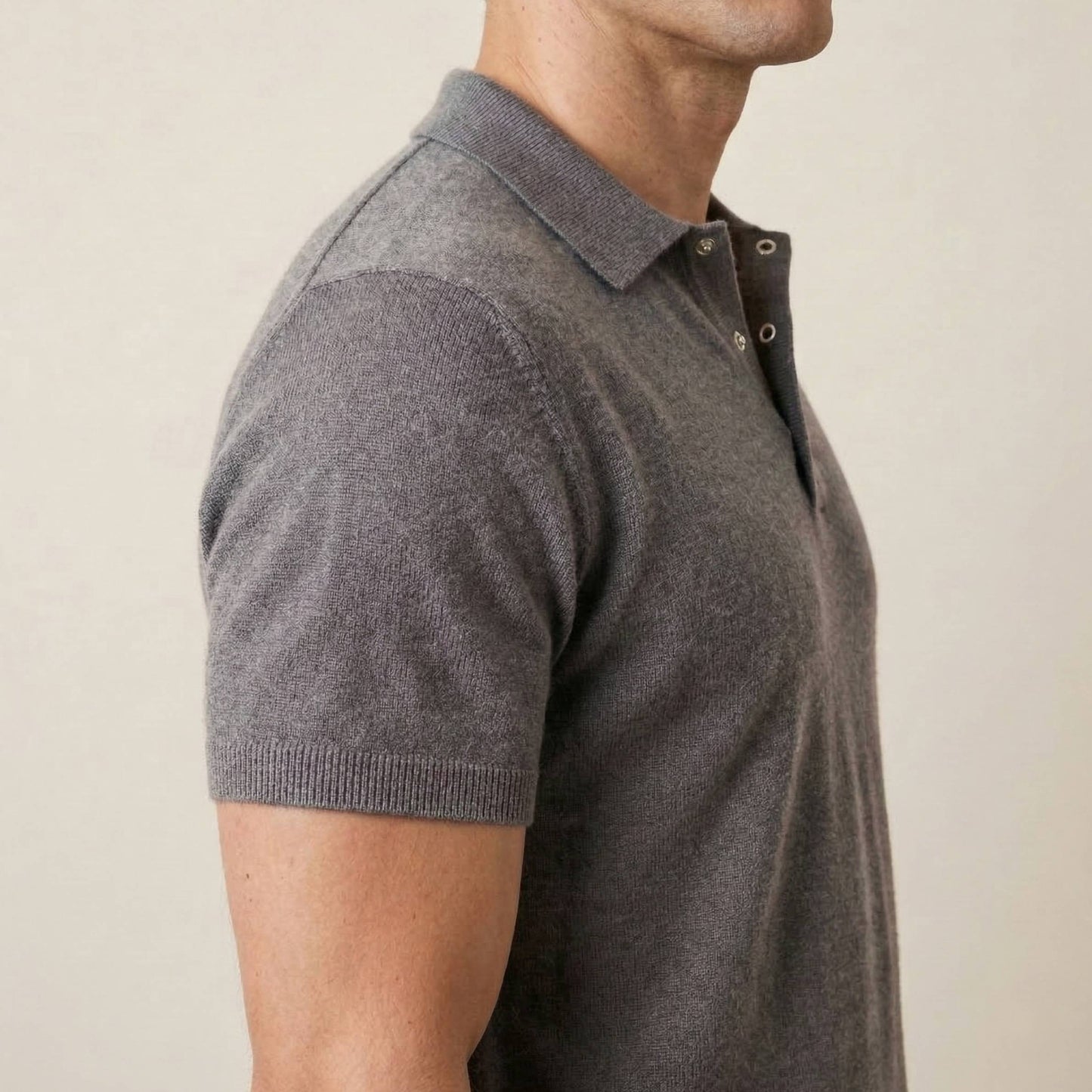 Heather Gray Cashmere Polo T-Shirt Men | Short Sleeve Knit Polo | Snap Button | Handcrafted in Nepal