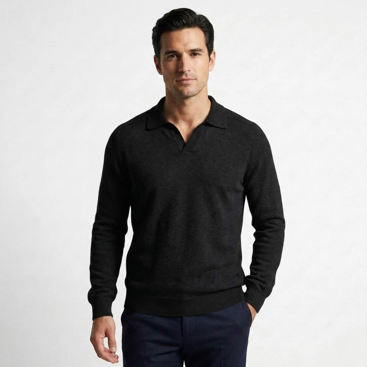 Pure Cashmere Polo Sweater | Men's Johnny Collar | 250g Himalayan Cashmere | Handcrafted in Nepal | Lumusae - Black 1