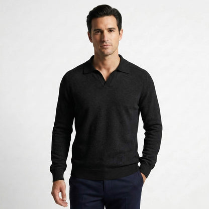 Pure Cashmere Polo Sweater | Men's Johnny Collar | 250g Himalayan Cashmere | Handcrafted in Nepal | Lumusae - Black 1
