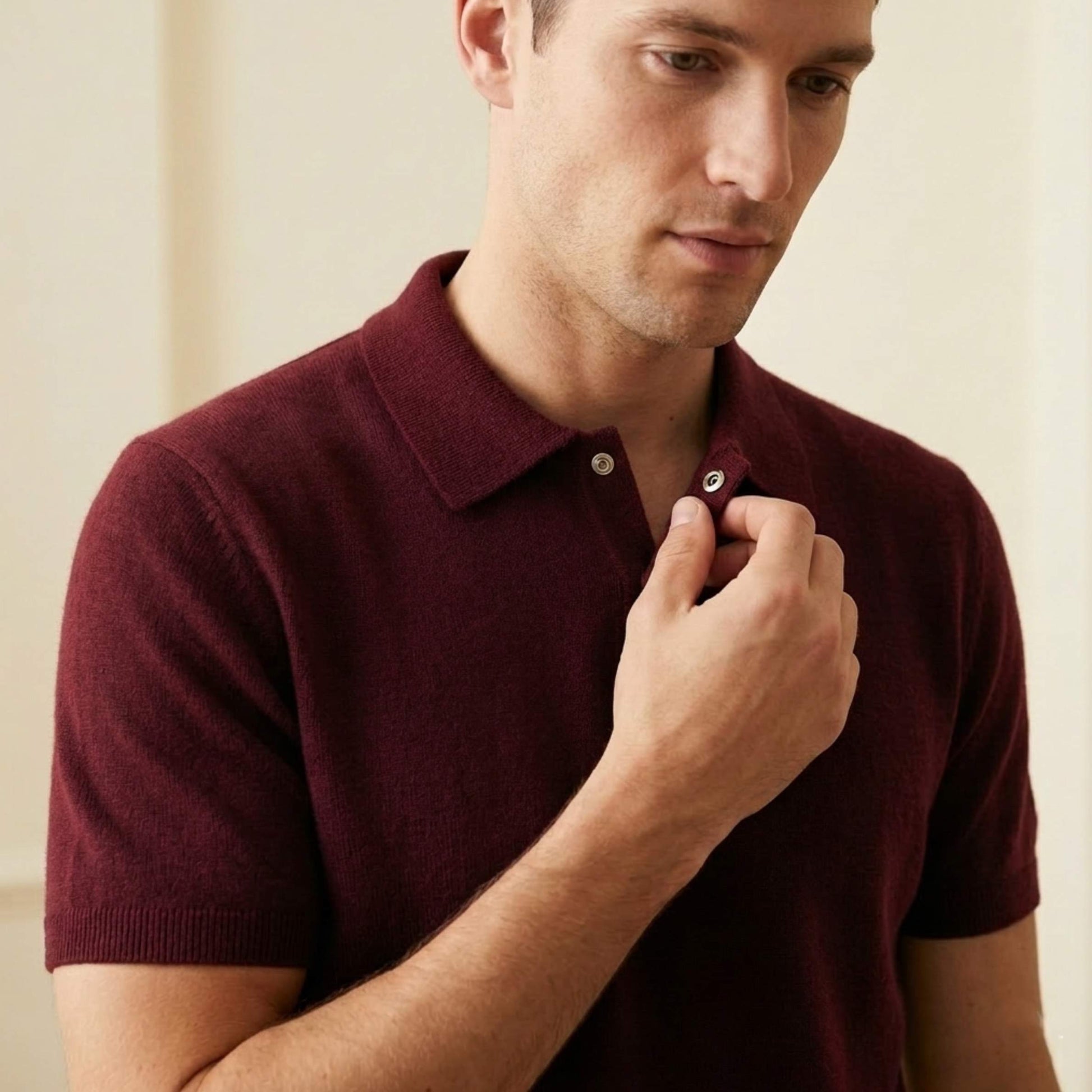Wine Red Cashmere Polo T-Shirt Men | Short Sleeve Knit Polo | Snap Button | Handcrafted in Nepal
