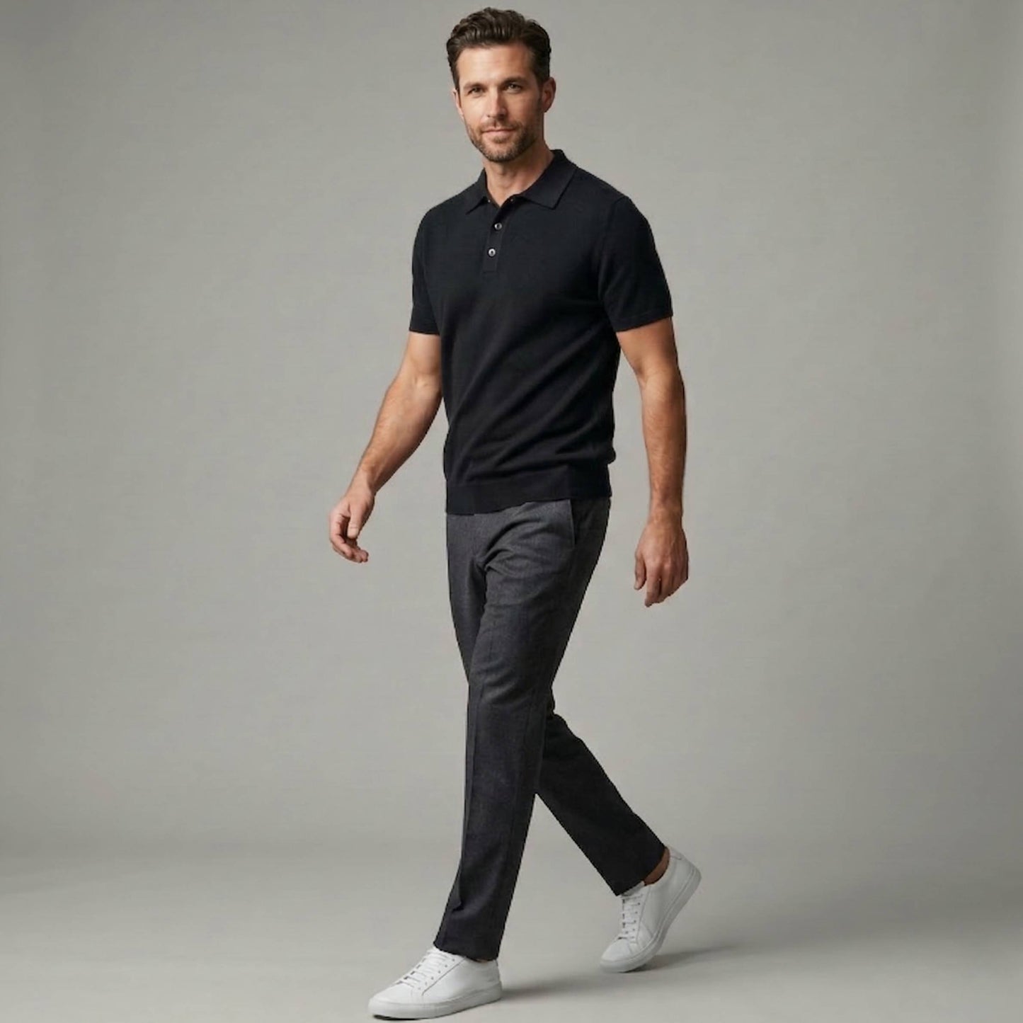 Black Cashmere Polo T-Shirt Men | Short Sleeve Knit Polo | Snap Button | Handcrafted in Nepal 