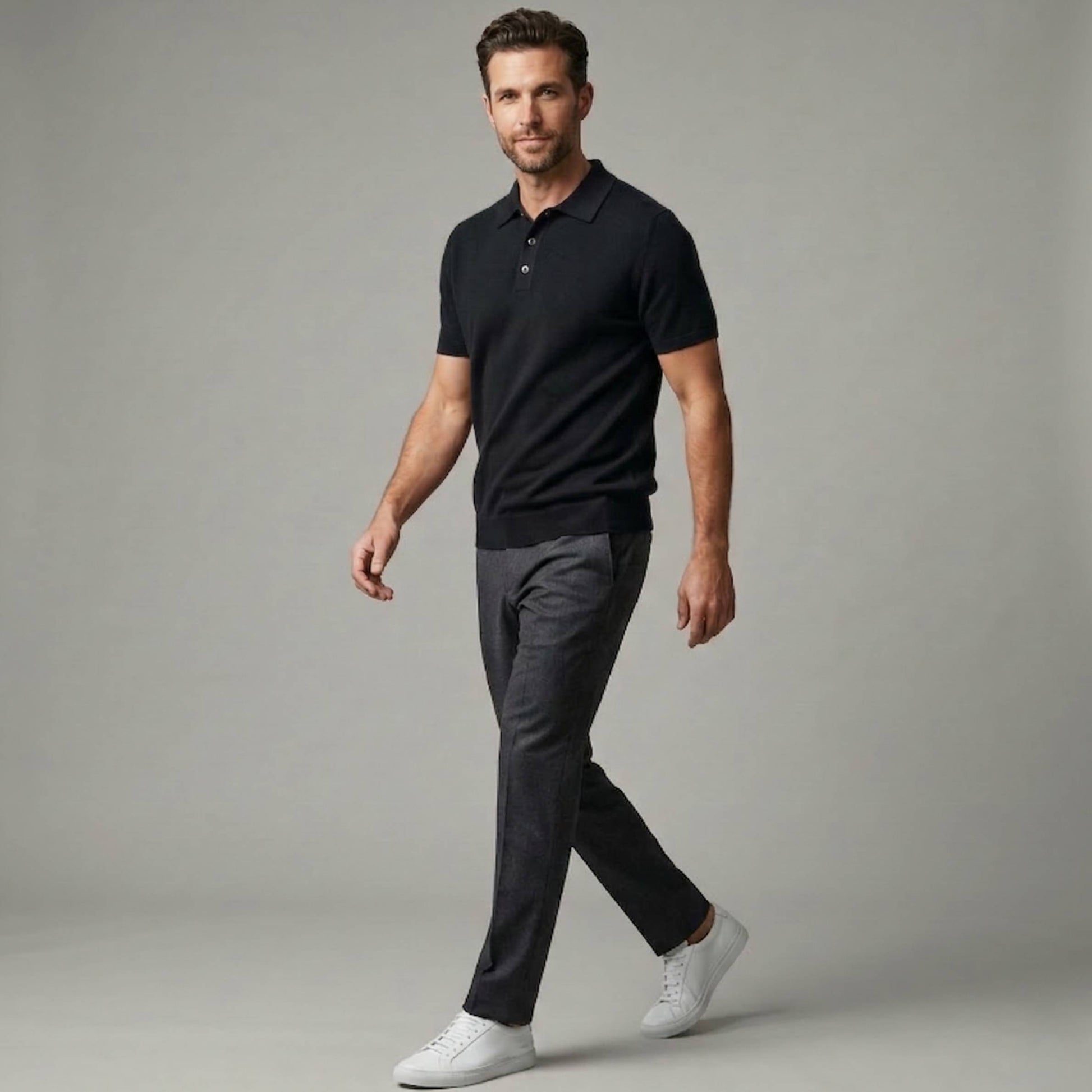 Black Cashmere Polo T-Shirt Men | Short Sleeve Knit Polo | Snap Button | Handcrafted in Nepal 