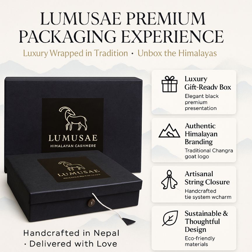 Lumusae premium packaging experience with black box and branding details.