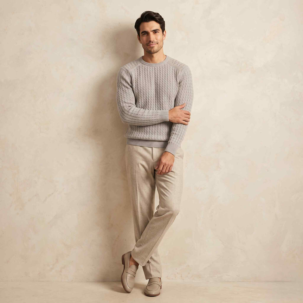Men's cable-knit cashmere sweater, Atlas in Fog - view 6