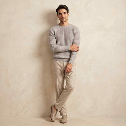 Men's cable-knit cashmere sweater, Atlas in Fog - view 6