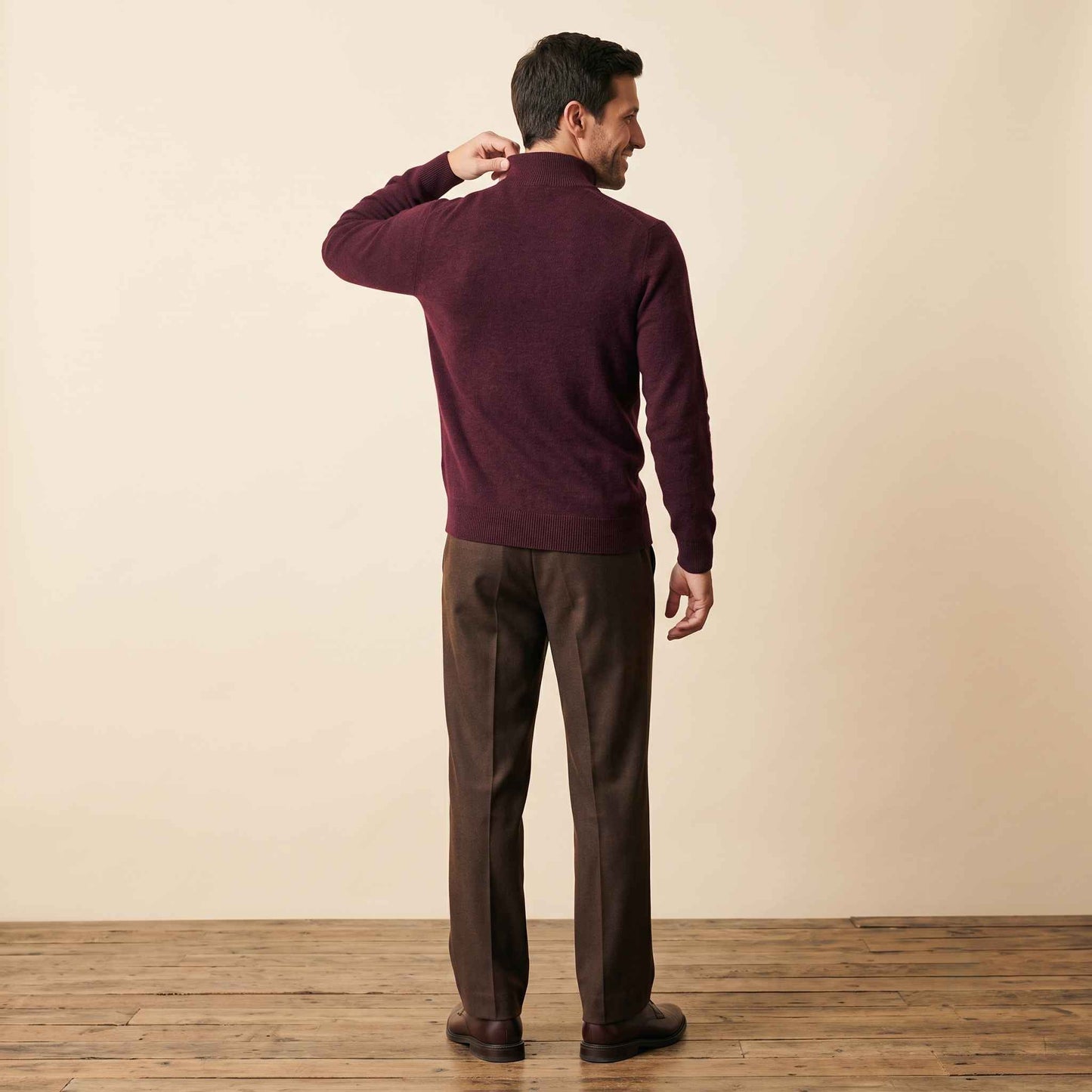 Men's cashmere half-zip sweater, Embrace in Wine Red - view 5