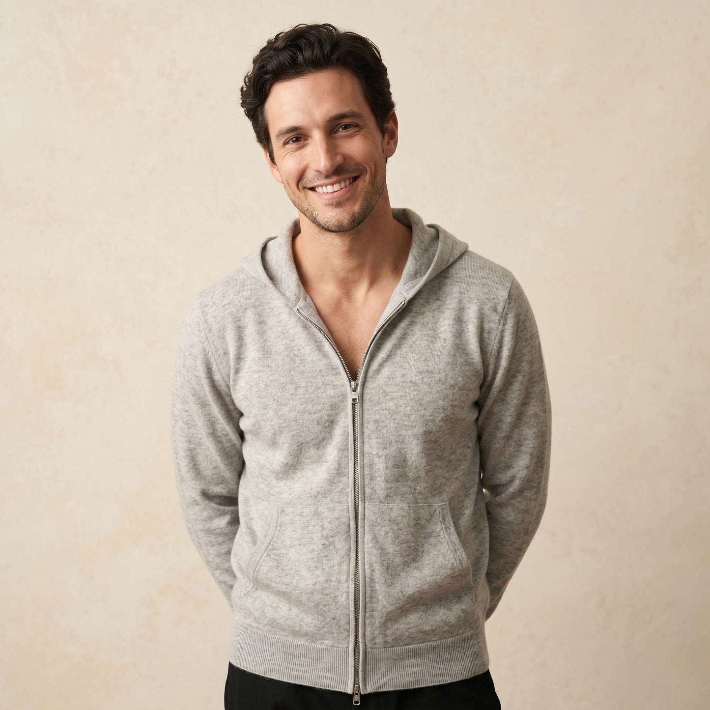 Original Kora Zip Undyed Himalayan Cashmere Hoodie For Men in Light Grey Melange — Himalayan cashmere, view 1