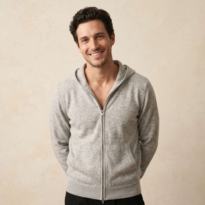 Original Kora Zip Undyed Himalayan Cashmere Hoodie For Men in Light Grey Melange — Himalayan cashmere, view 1