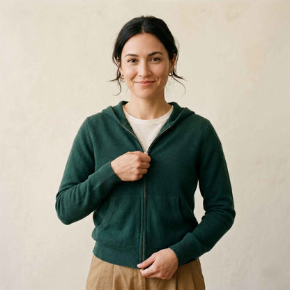 100% Cashmere Women's Zip Hoodie — 12-Gauge 2-Ply 16-Micron Himalayan Cashmere
